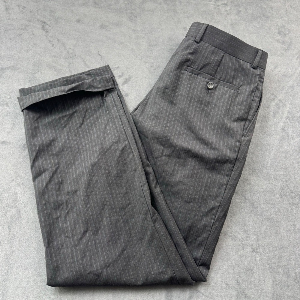 Joseph & Feiss Mens Grey Pinstripe Pleated Cuffed Dress Pants 36 Waist 32 Long
